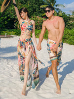 Print High Waist High Neck Swimsuit 3 Pcs Bikini Set Women Men's Swim Shorts Summer Surfing Suit Couples Bathing Suit Holiday