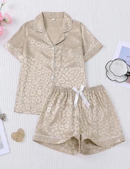Women Satin Leopard Jacquard Pajama Set Lapel Button Down Short Sleeve Top & Shorts 2‑Piece Ladies Summer Sleepwear Loungewear