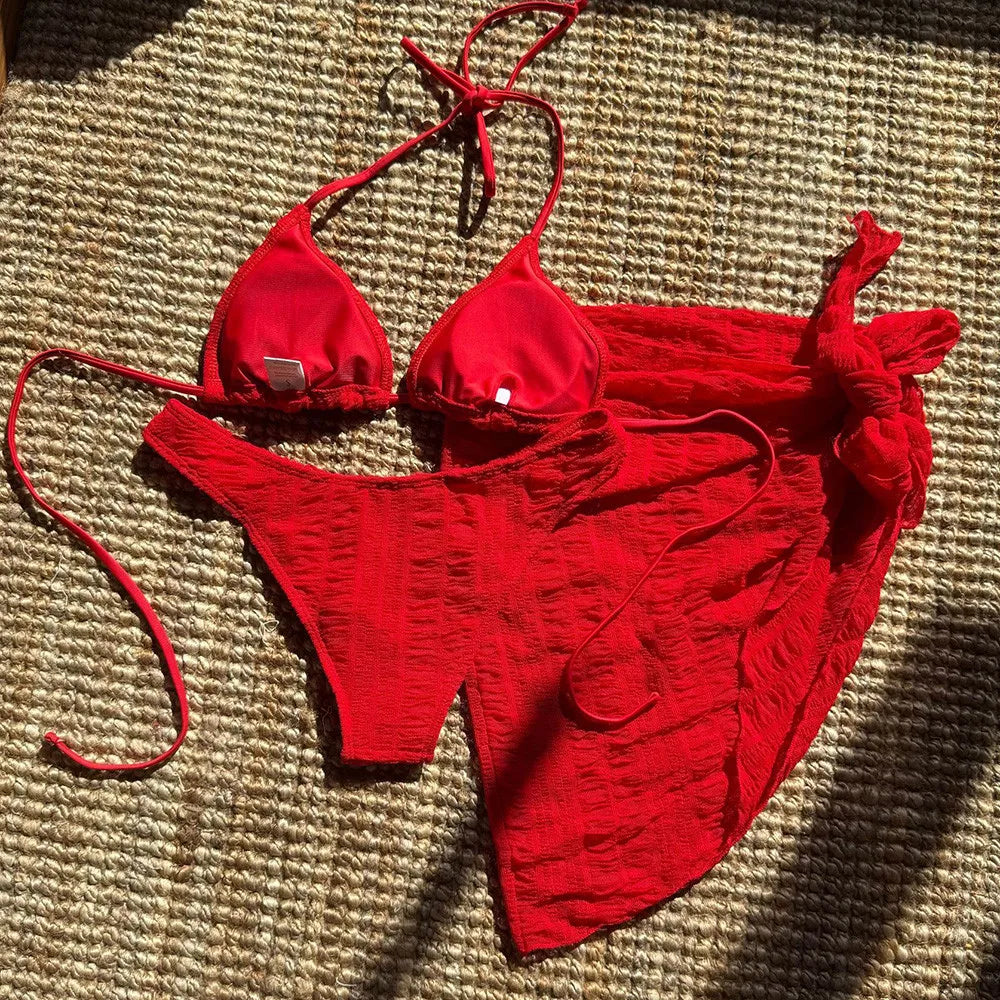 Yellow Micro Thong 3 Piece Bikini Set Damen Mesh Cover Up String Halter Swimwear Sexy Swimsuit Women 2025 Bathing Suit Bikinis