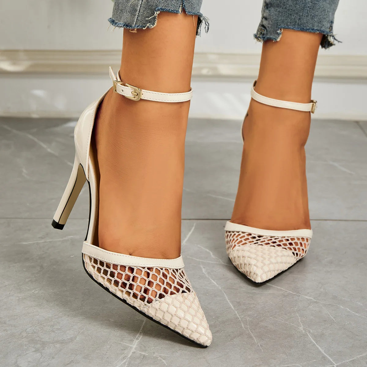 2026 Summer New Style - Three-color Mesh Open Toe Business Shoes with Round Tops, Small Inner Cuts, Thin High Heels