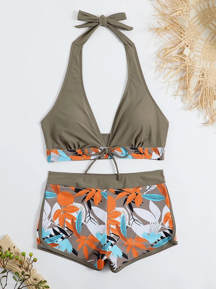 2026 Halter Bikini Set Short Swimsuit Women High Waist Swimwear Female Printed Bathers Swimming Bathing Swim Suit Beachwear