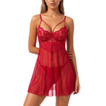 Deep V netted embroidered nightgown and thong set. Red lace strapless sexy women's homewear. ZA825096