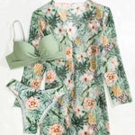 Boho Style Women's 3 Pieces Swimsuit Floral Bikini Set+Long Sleeve Cover-Up Swimwear Sexy Low Waist Tankinis Beachwear Holiday