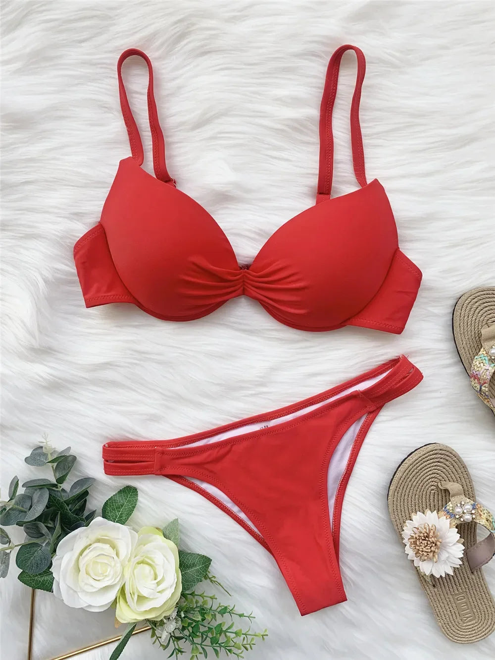 Sexy Red Push Up Swimsuits Women Bikinis Sets 2026 Mujer Swimwear Ruched High Cut Bathing Suit Biquinis Underwire Bikini Bathers