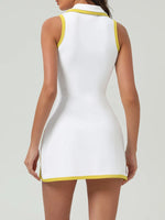 Summer Women's Tennis Dress White Contrast 2-in-1 Tennis Golf Sports Dresses Polo Collar Zipper Slim Split Fitness Dress