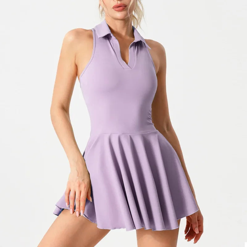 Quick Dry Tennis Dresses Women Turn Down Collar Golf Pleate Skirt Dress Pockets Fitness Shorts 2 Piece Tennis Yoga Suits