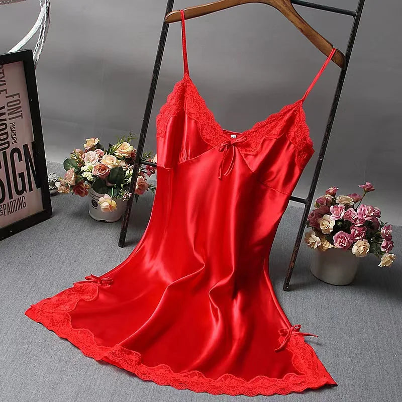 Women Satin Nightdress Lace Trim Slip Dress Spaghetti Strap Silky Nightgown Elegant Sleepwear Home Lingerie
