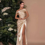 Off Shoulder Prom Dress for Women Satin Evening Party Formal Gown High Slit Cocktail Wedding Guest Maxi Dress