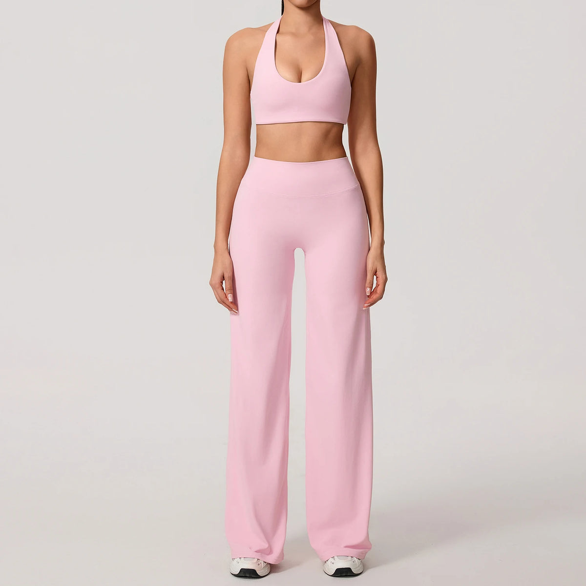 Hearuisavy Summer Yoga Set 2Pcs Women Breathable Backless Halter-Neck Sports Bra Push Up Pilates Fitness Top Straight Leg Pants