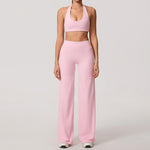 Hearuisavy Summer Yoga Set 2Pcs Women Breathable Backless Halter-Neck Sports Bra Push Up Pilates Fitness Top Straight Leg Pants