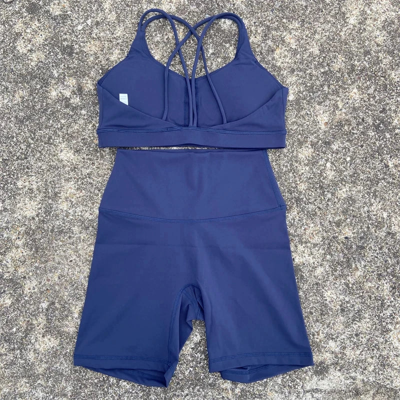 Solid Color Soft Women Gym Yoga Short Cycling Set Cross Back GymBra+High Waist Short Leggings High impact shockproof Sportwear