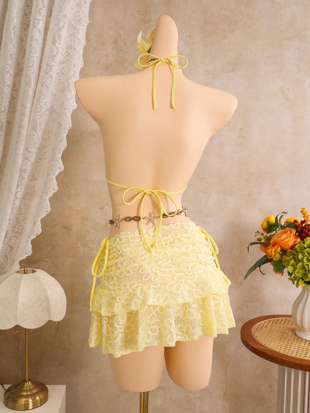 Vintage White Floral Embroidery Bikini Set 2026 Women 3D Flower Push Up Bra Pleate Skirt 3 Piece Swimsuit Bathing Suit Swimwear