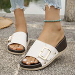 Buckle Decor Wedge Slippers Women Fashion Rivet High Heel White Sandals Woman Summer Slip On Pu Leather Platform Slides Mujer