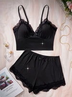 2pcs Floral Contrast Lace Pajama Set for Women Sleepwear V Neck Solid Color Bow Top & Shorts Home Clothes Loungewear