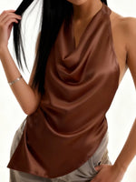 Women’s Solid Color Satin Cowl Neck Halter Tops Summer Fashionable Backless Slim Fit Going Out Vest