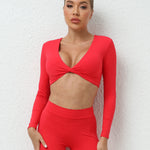 Long Sleeve Gym Crop Tops for Women Twist Deep V Workout Quick Dry Padded Sports Fitness Yoga T-Shirt