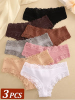 3Pcs Women Cotton Brazilian Pants Sexy Lace Brazilian Briefs Low Waist Floral Solid Color G-string Breathable Soft Lingerie