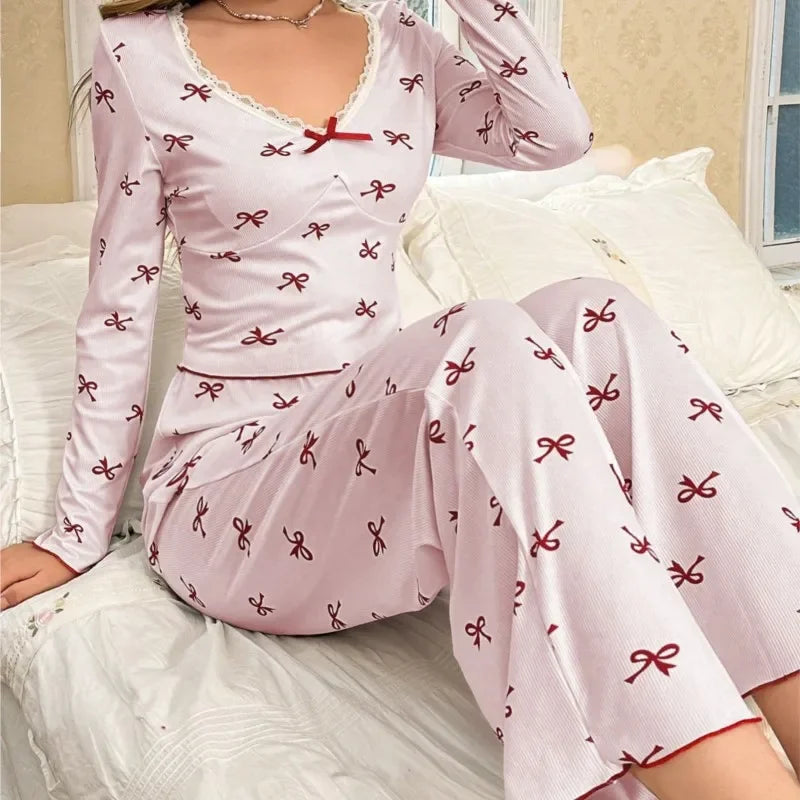 Winter Autumn Pajama Set for Women Sleepwear Lace Trim Bows Print Long Sleeve Top & Full-Length Pants Nightwear Loungewear