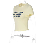 Woman Clothing Letter Print Short T-shirts Y2K Streetwear 2026 Summer O-neck Slim Fit Crop Tops Vacation Beach Tees Light Yellow