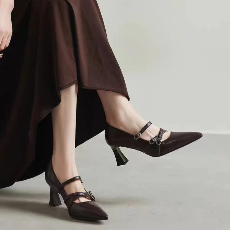 2026 Metal Buckle Hollow Sandals Office girl PointedThin Heel Patent Leather Fashion Single Shoe 35-42 Big Size Women Shoes