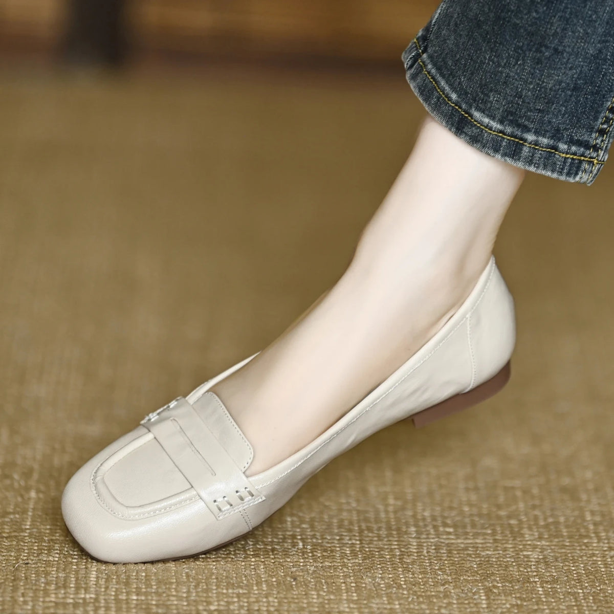 Women Penny Loafer Flats Soft Wrinkled Faux Leather Slip On Square Toe Low Heel Casual Office Daily Shoes
