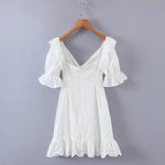 Foridol Ruffles Puff Sleeve White Lace Dress Flower Embriodery Hollow Out Cotton Beach Dress Women Backless Party Mini Dress