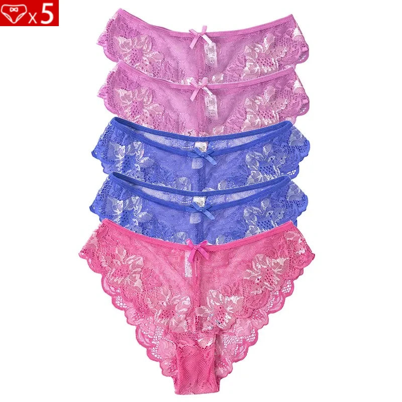 5pcs Lace Sexy Women Panties Mid Waist Perspective Floral Ladies Briefs Breathable Comfortable Female Underwear
