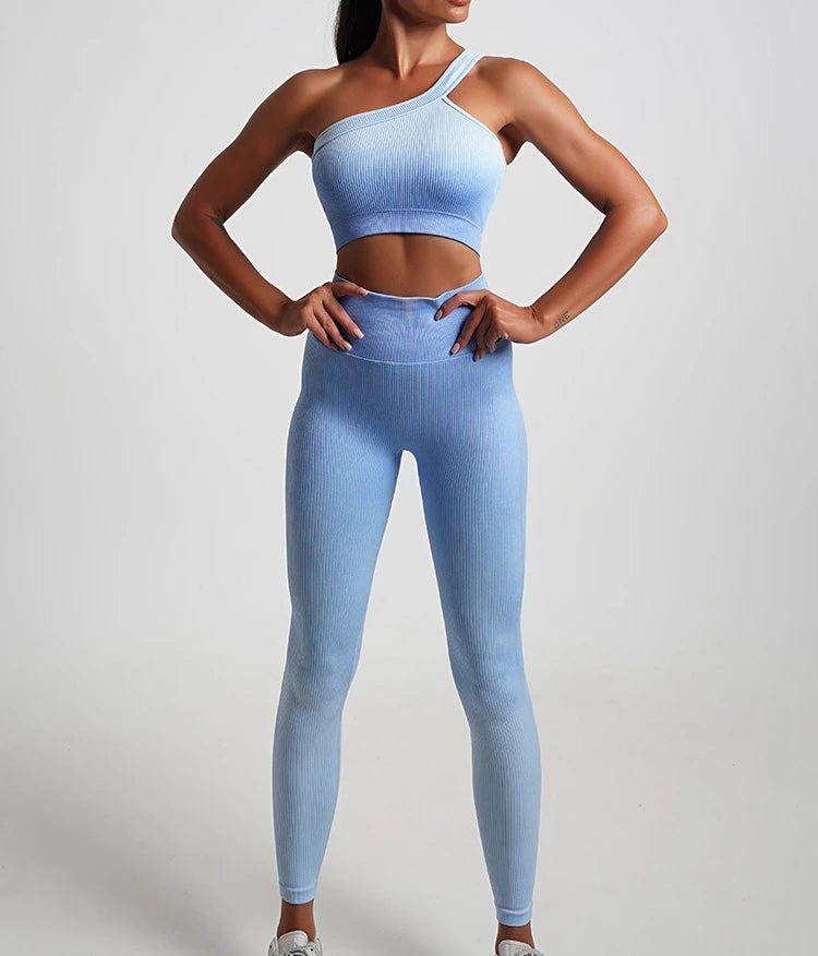 Seamless Tight Yoga Sets Sports Fitness Gradient Single Shoulder Bra High Waist Hip Lifting Pants Suits Wokout Gym Running Sets