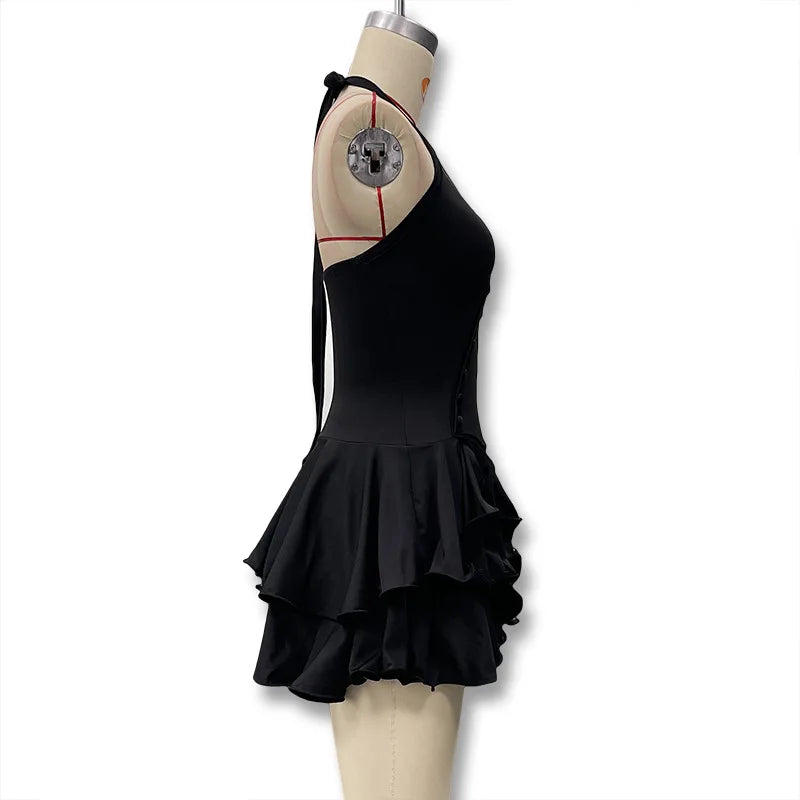 Hot Girl Slim Halter Neck Mini Dress Solid Color V-neck Single-breasted Layered Ruffles Bodycon Short Dresses Fashion Female New