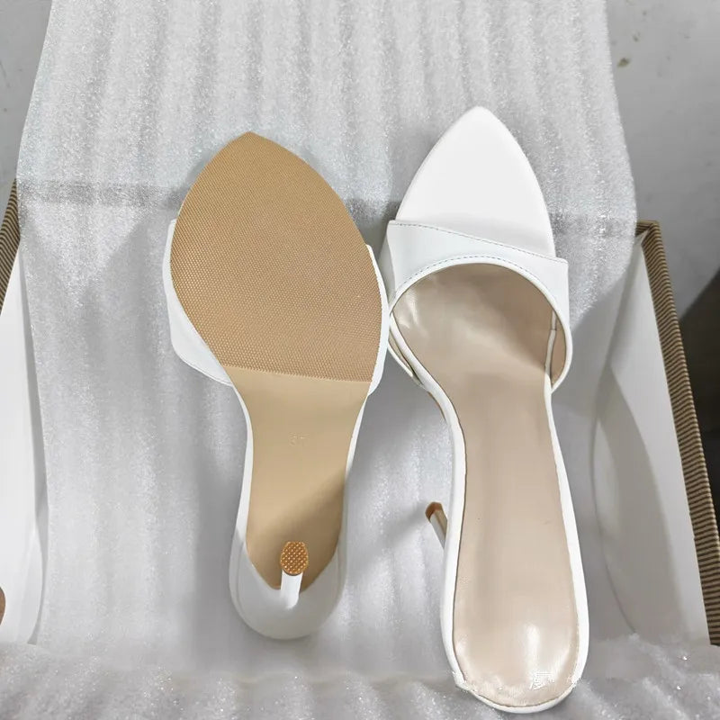 Women's White Faux Leather Pointed Toe Stiletto Mules - Slip-On High Heel Sandals for Summer, Party & Daily Wear