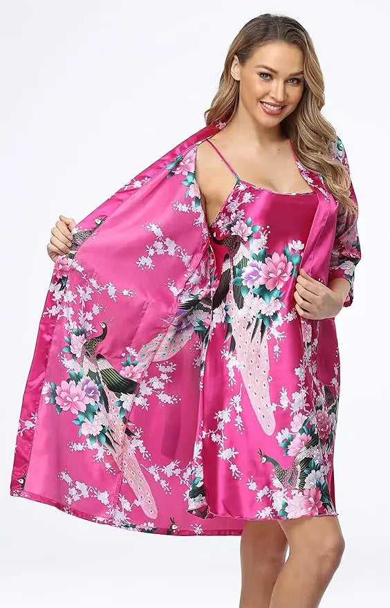 Women's Floral Satin Kimono Robe and Nightgown Set with Camisole 2 Piece Sleepwear Peacock Bathrobe