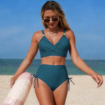 Vintage Drawstring Side High Waist Bikini Set 2026 Black Metal Strap V Neck Cross Push Up Swimwear Beach Bathing Suit Swimsuit