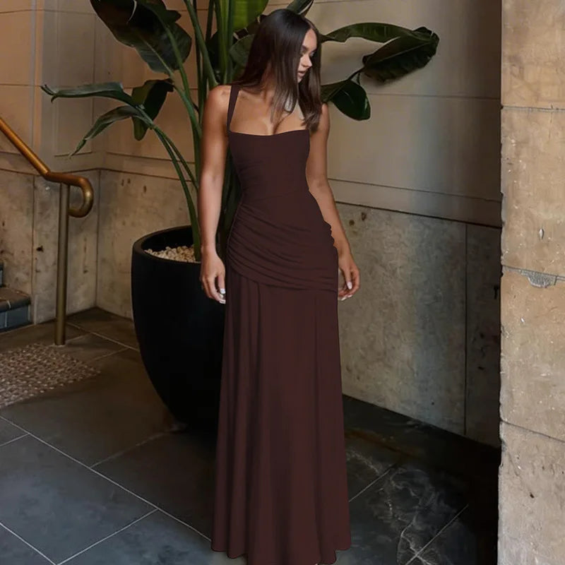 FDYOUI Fashion Sleeveless High Waist Tunics Long Maxi Dress Party Gowns Women Chic Backless Lace-up Folds Slim Evening Dresses