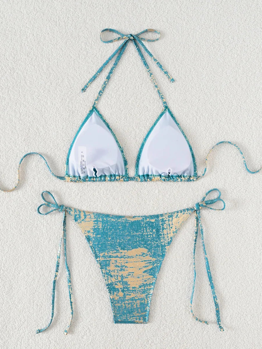 2026 Golden Glitter Halter Strappy Bikini Women Swimsuit Female Swimwear Two-pieces Bikini Set High Leg Cut Bathing Suit Swim