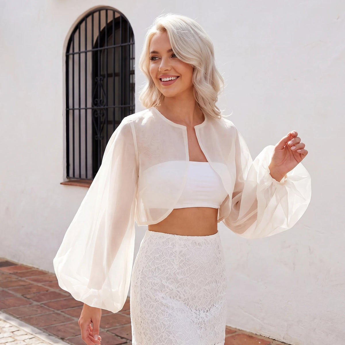 Women Chiffon Cropped Shrugs Fashion Stylish Sheer Open Front Balloon Long Sleeve Cardigan Blouse Shirts Bolero Cover-ups