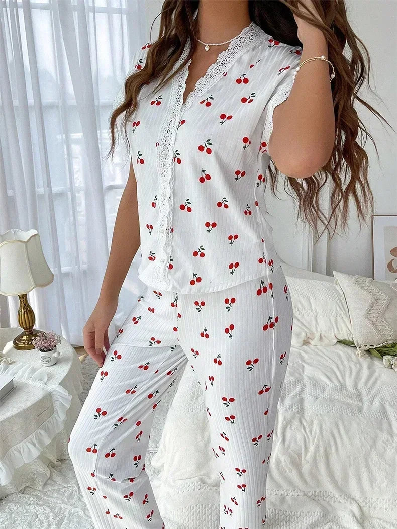 Lace Trim Cherry Print 2 Pieces Pajama Set for Women Sleepwear Short Sleeve Top & Full-Length Pants Nightwear Homewear