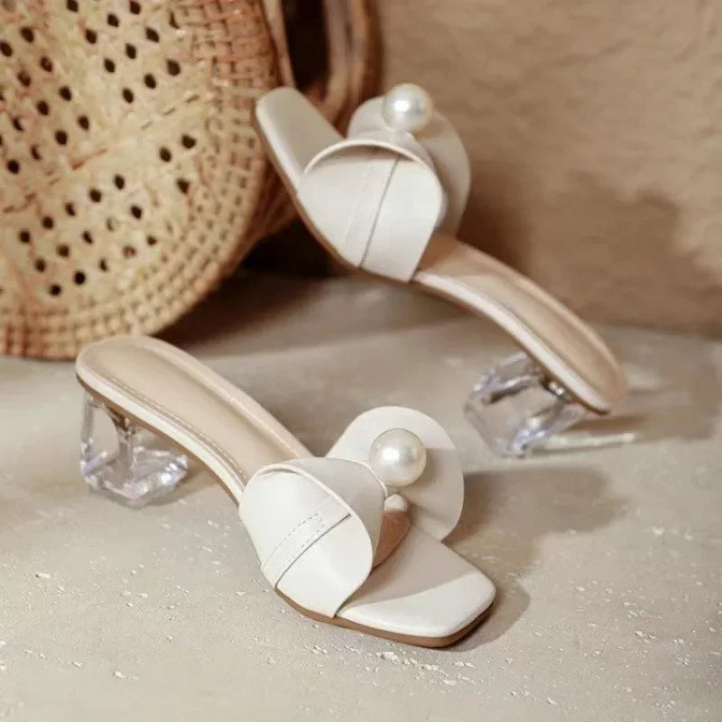 Sexy French-style High Heels 2026 New Square-toe New Chinese Style Pearl Sandals for Women, Summer, Thick Heels