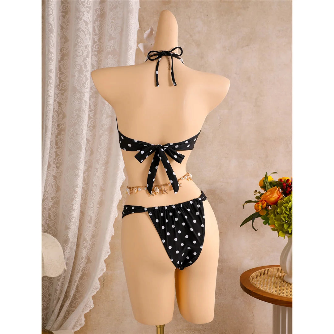 Polka Dots With Skirt Halter Shell Bikini Women Swimwear Female Swimsuit Three-Pieces Bikini Set Bather Bathing Suit Swim V8313