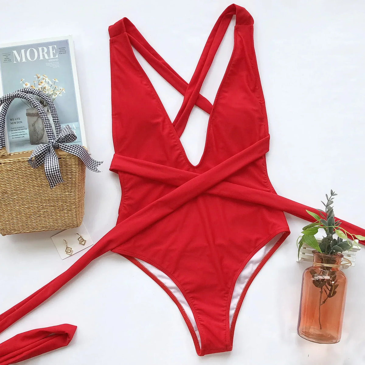Sexy Red One Piece Swimsuit 2026 Women Push Up Lace Up Bandage Bodysuit Brazilian Deep V Neck Backless Bathing Suit Swimwear