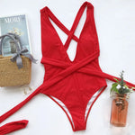 Sexy Red One Piece Swimsuit 2026 Women Push Up Lace Up Bandage Bodysuit Brazilian Deep V Neck Backless Bathing Suit Swimwear