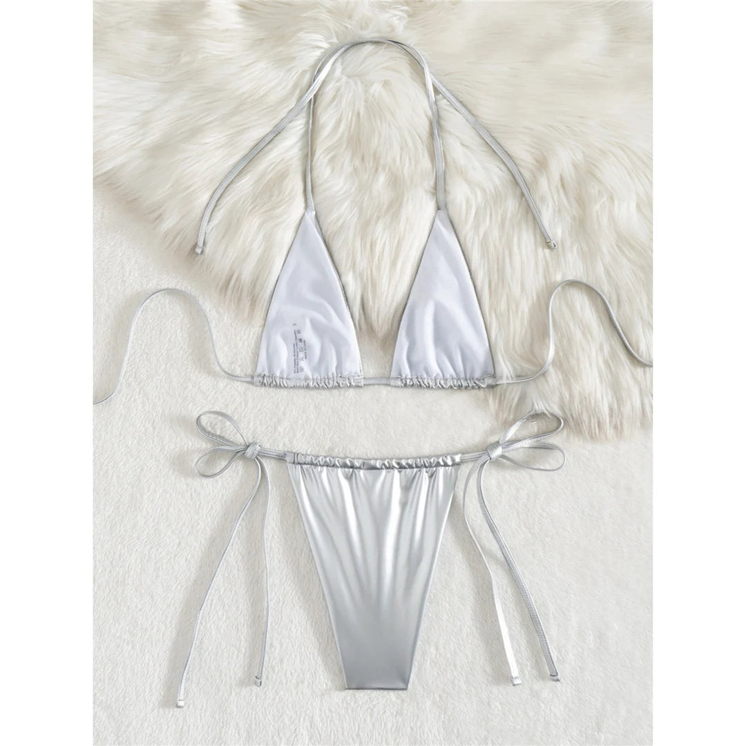 3 Colors New PU Faux Leather Halter Bikini Women Swimwear Female Swimsuit Bather Bathing Suit Swim Two-Pieces Bikini Set V6492B