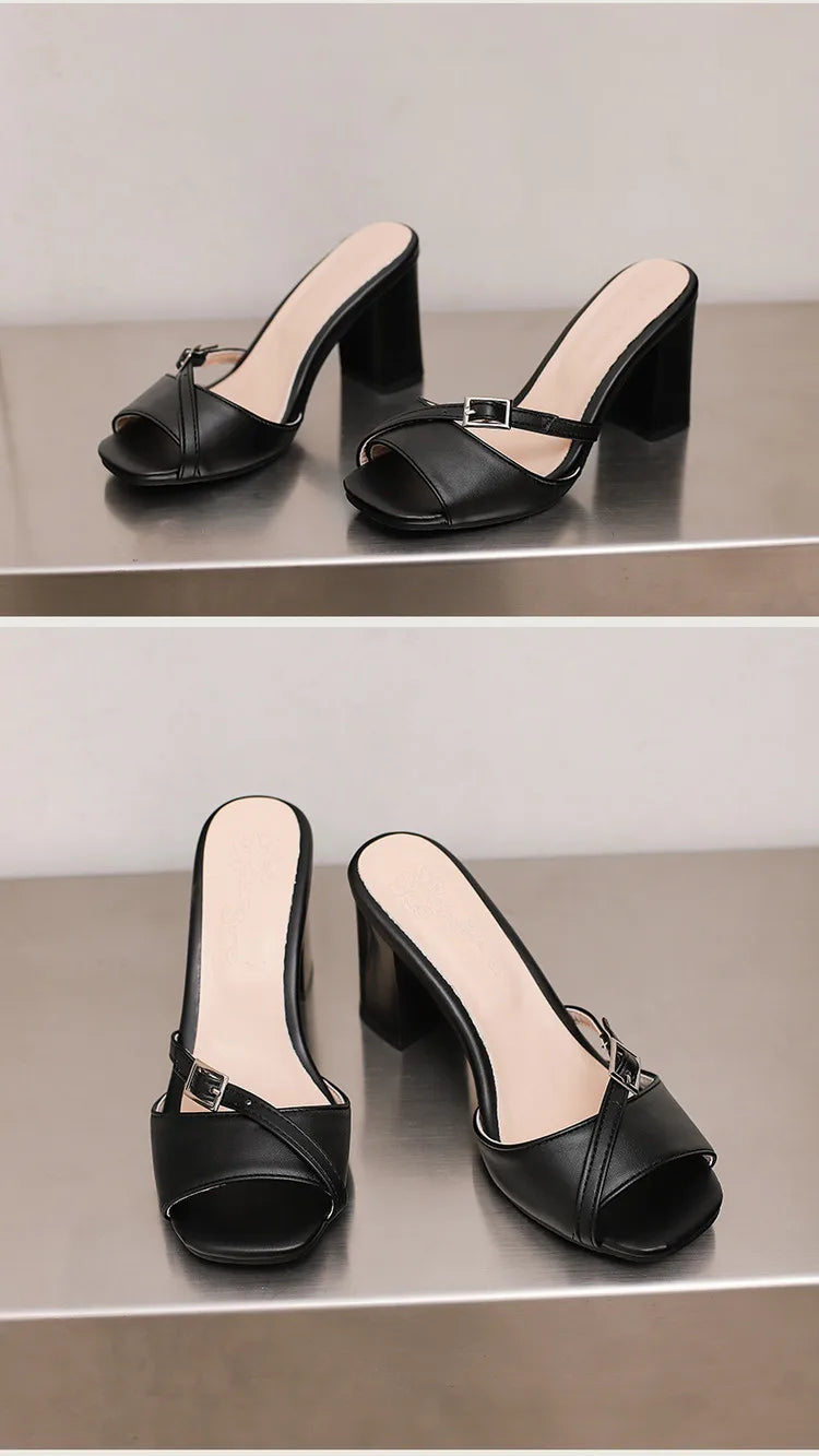 Summer New Fashion Open Toe Solid Color Simple Leather Surface Versatile Color Large Slippers Square Heel Shoes Women