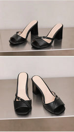 Summer New Fashion Open Toe Solid Color Simple Leather Surface Versatile Color Large Slippers Square Heel Shoes Women