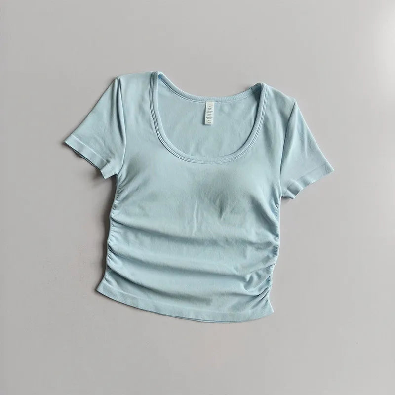 Big round Neck Yoga T-Shirt Short-Sleeved Slimming Sports Top with Fixed Chest Cushion for Running Pilates Summer Stretch
