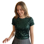 Women's Summer Solid Color Basic T Shirts Stylish Sequin Short Sleeve Round Neck Crop Tops for Casual Daily Wear