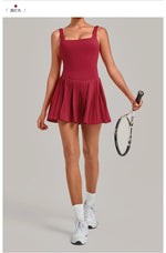 Naked Fake Two Piece Tennis Dresses with Pocket Bottom Women Back Hollow Out Pleate Skirts Outwear Square Collar Golf Yoga Dress