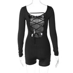 Hugcitar Long Sleeves Backless Solid Lace Up Sexy Slim Skinny Playsuit 2024 Fall Women Fashion Y2K Streetwear Party Club Rompe