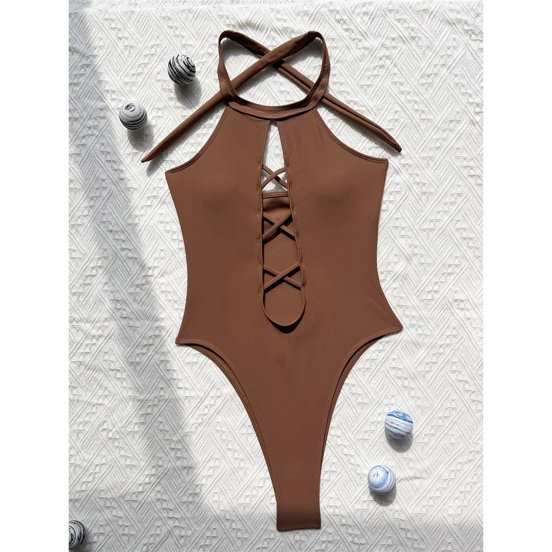 S - XL 7 Colors Lace Up High Neck Full Back Women Swimwear One Piece Swimsuit Female High Leg Cut Bather Bathing Suit Swim V6272