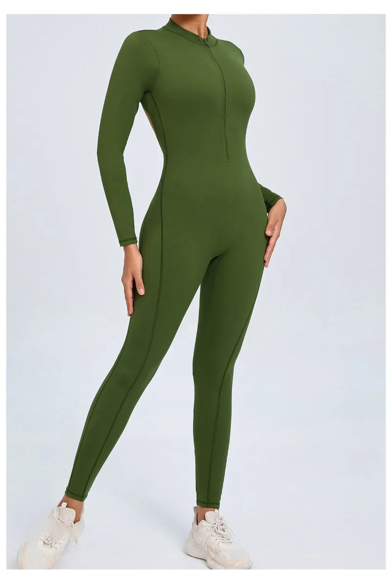 Women's Seamless Yoga Bodysuit Long Sleeve Zipper & Back Cutout Naked Feeling Quick-Dry Running Fitness Workout Jumpsuit
