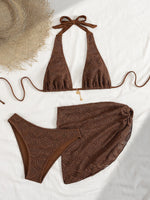 Sexy Coffee Bikinis Sets Women Hollow Out Mesh Cover Up 3 Piece Swimsuit Beach Push Up Beach Bathing Suit High Waist Swimwear